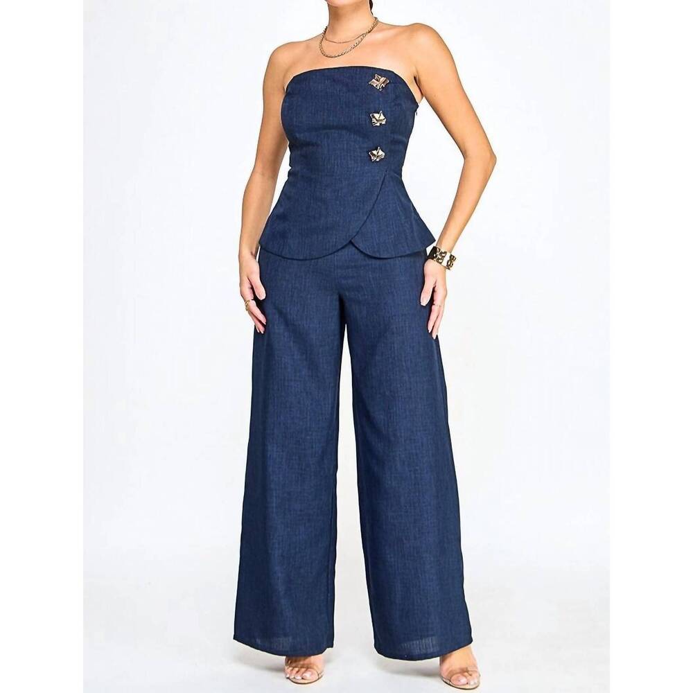 NEW MILK & HONEY catalina large button embellished strapless jumpsuit in navy
